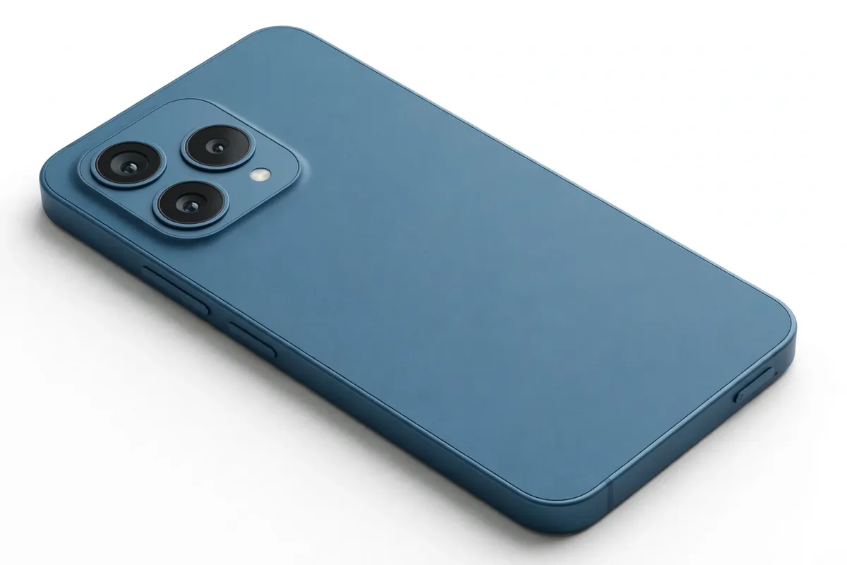 Redmi Note 14 style smartphone with an ocean blue matte back and squared camera module in a studio product shot