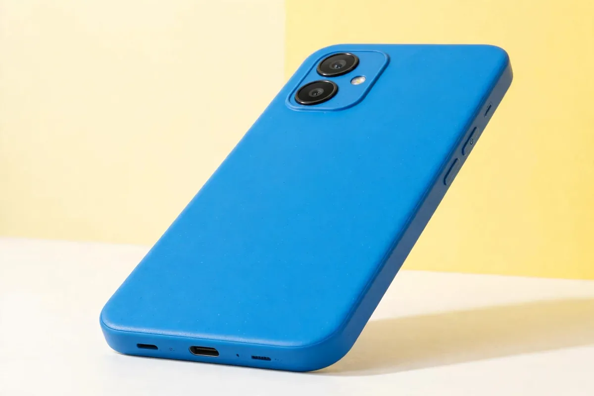 Samsung Galaxy A06 style budget smartphone with a bright blue back and dual cameras in a studio product shot