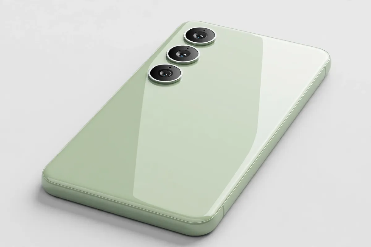 Samsung Galaxy A16 style smartphone with a light green back and three vertical camera lenses in a studio product shot