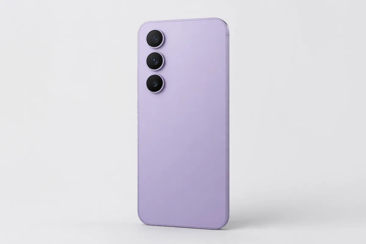 Samsung Galaxy A36 style smartphone with a lavender back and three vertical camera lenses in a studio product shot