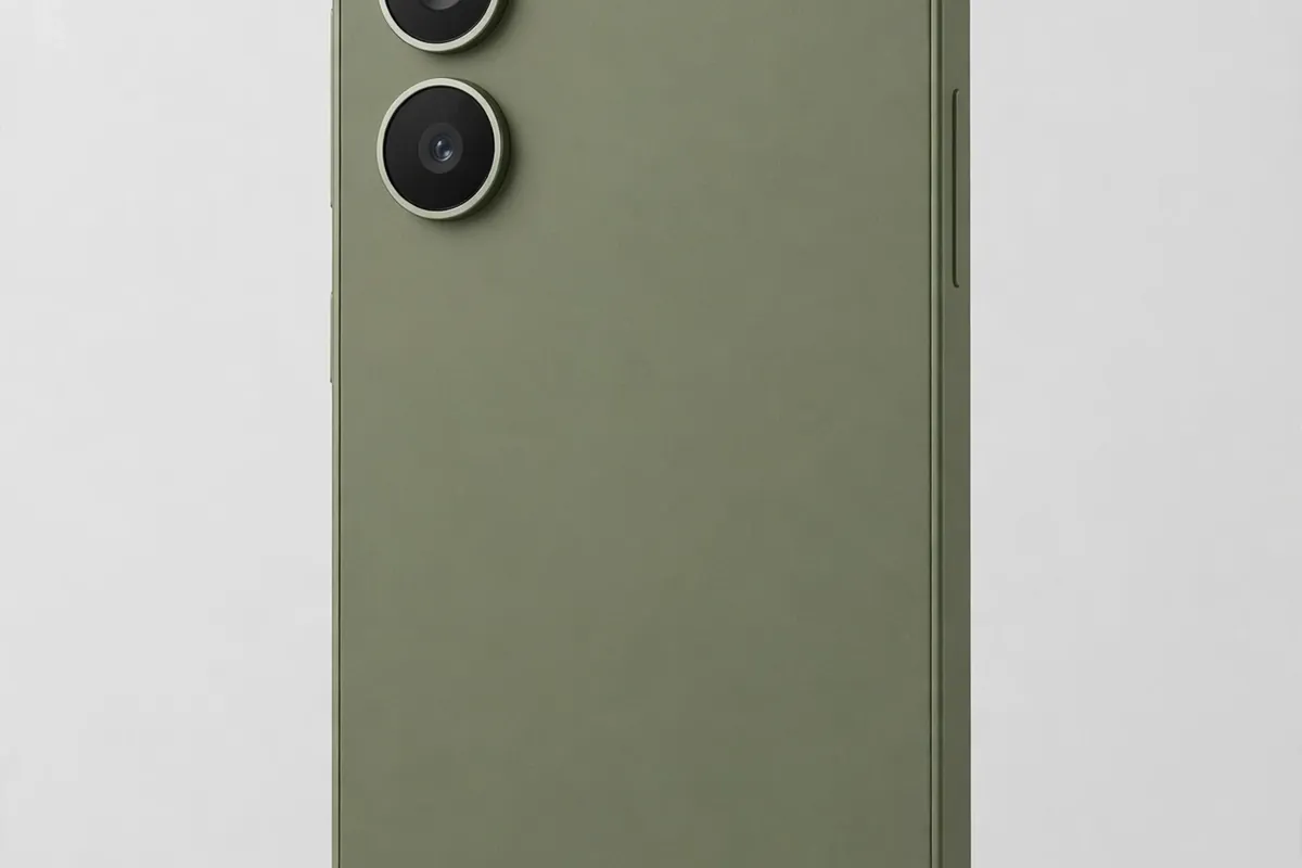 Samsung Galaxy A56 style smartphone with an olive green back and three vertical camera lenses in a studio product shot
