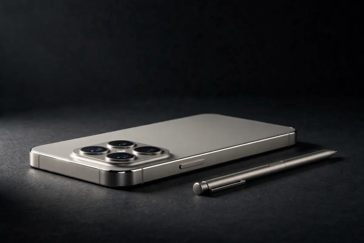 Samsung Galaxy S25 Ultra style flagship smartphone in titanium silver with a stylus pen in a dark studio shot