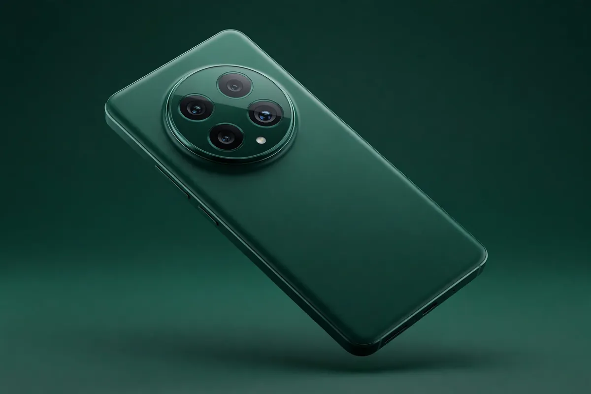 Tecno Camon 40 style camera smartphone with an emerald green back and large round camera module in a studio shot