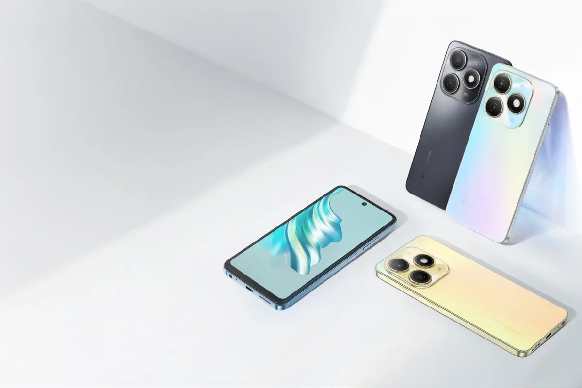 Tecno Spark 20 style budget smartphone with a neon gold textured back and two large camera circles in a studio shot