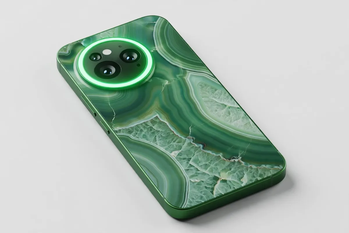 Vivo Y28 style smartphone with an agate green back and glowing round notification light in a studio product shot