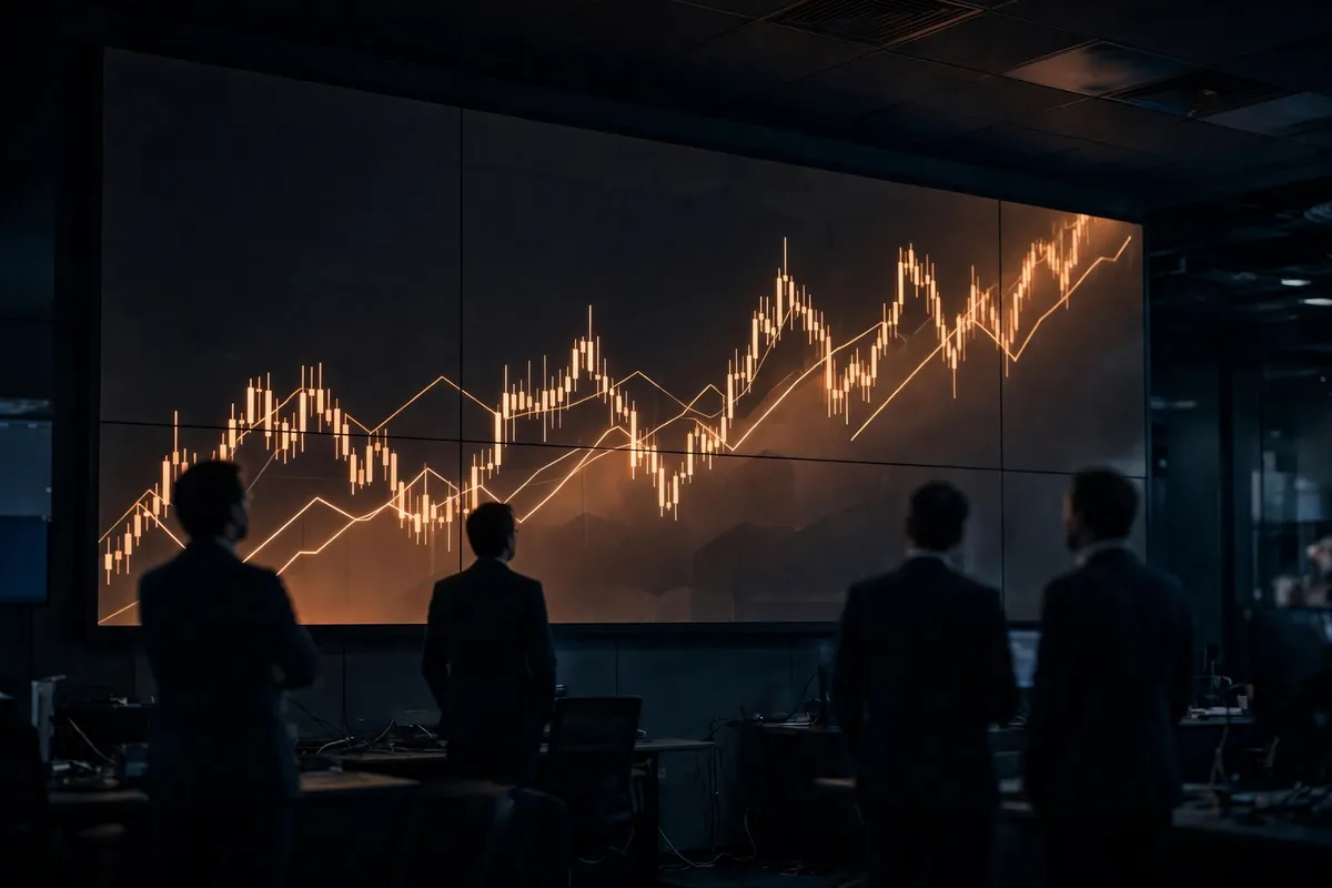 Traders watching a large screen showing rising price charts
