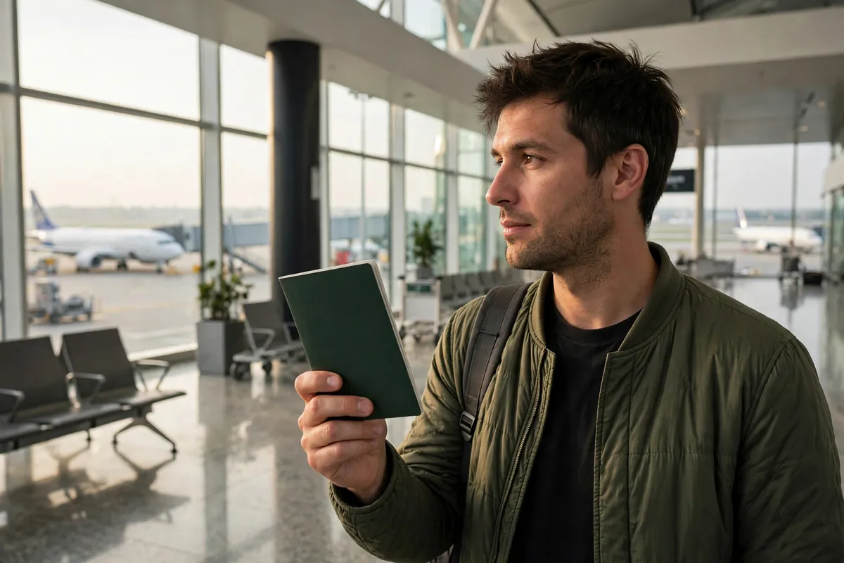 Traveller holding a Pakistani passport at an airport departure hall