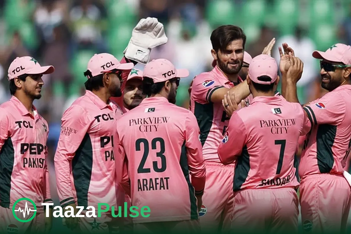 Pakistan captain Shaheen Shah Afridi celebrates a wicket with his teammates during the tri-series at Gaddafi Stadium