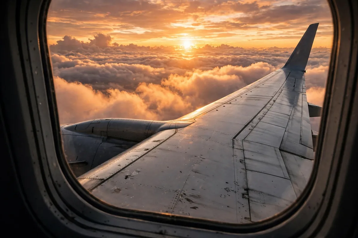 View from an aeroplane window above the clouds on an international route