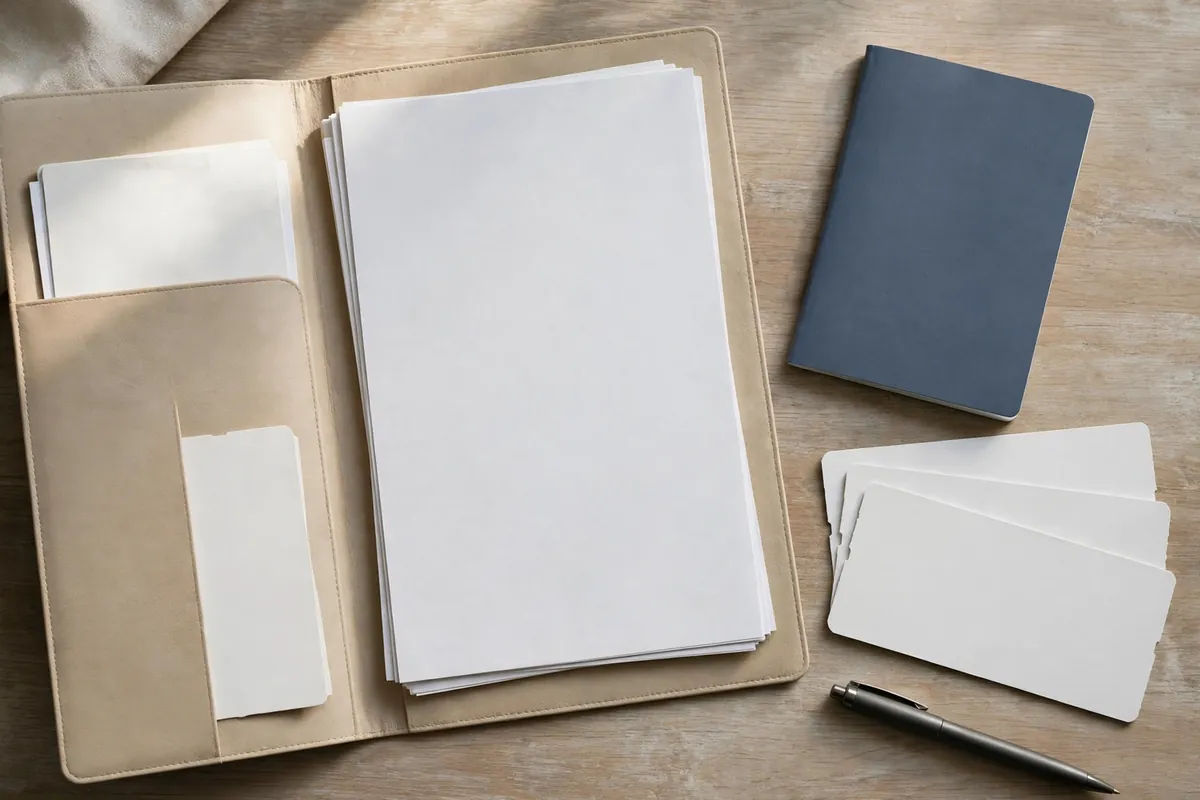 Folder with a passport and travel documents arranged on a desk