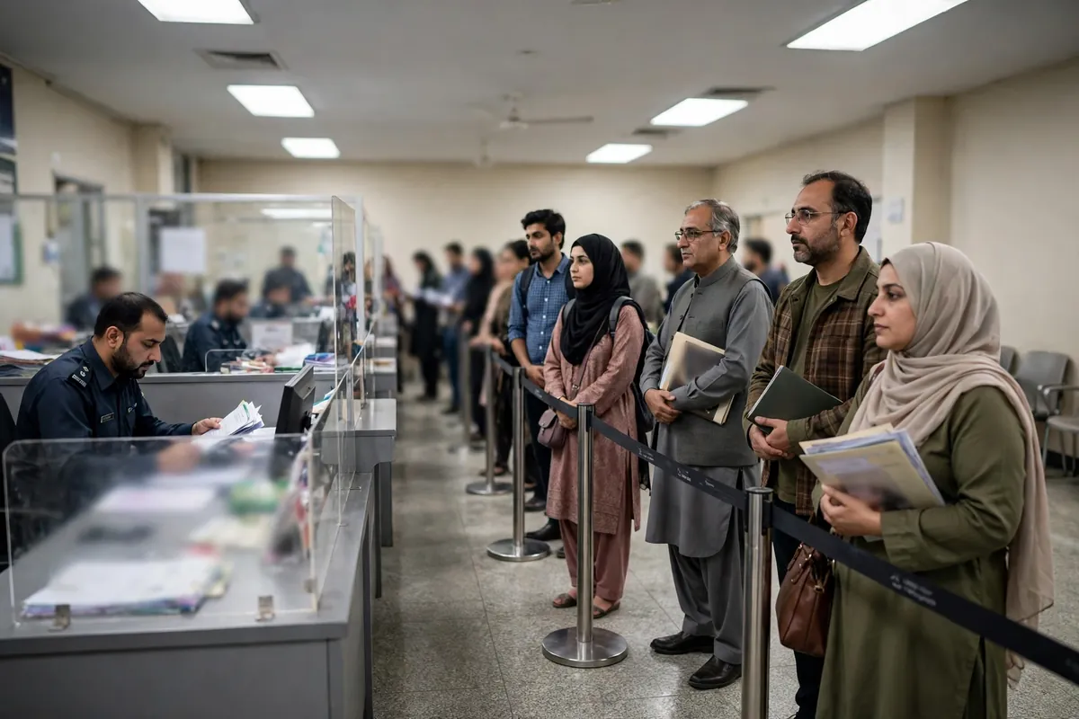 Applicants queuing at counters inside a regional passport office