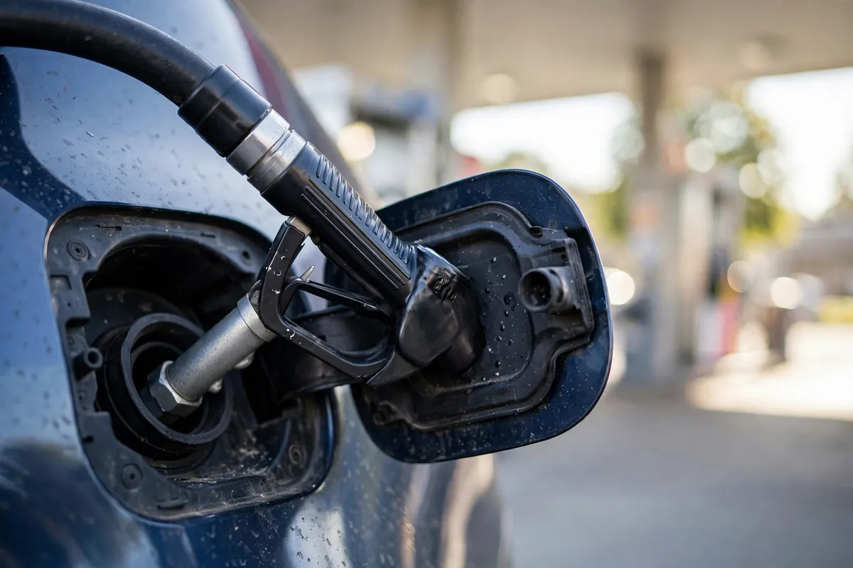 Close-up of a fuel nozzle filling a car at a petrol pump