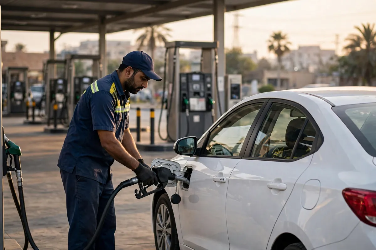 Attendant filling a car with petrol at a fuel station in Pakistan