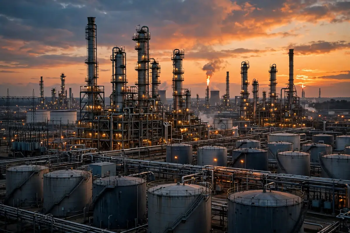 Oil refinery and storage tanks at dusk in Pakistan