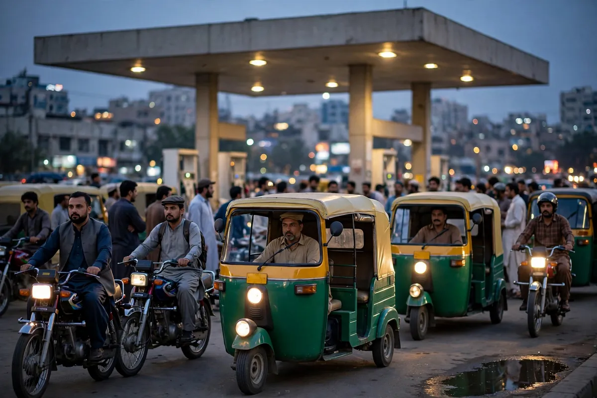 Motorcyclists queuing to buy petrol at a busy city fuel station
