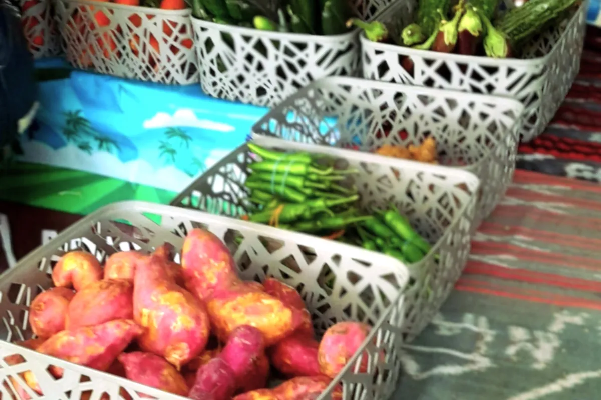 Fresh vegetables on display at a market stall
