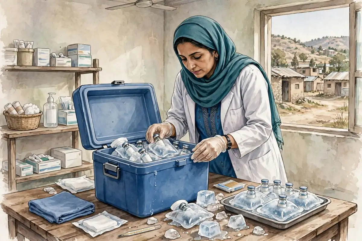 دیہی صحت مرکز میں کولڈ کیریئر سے ویکسین کی شیشیاں نکالتی ہوئی صحت کارکن