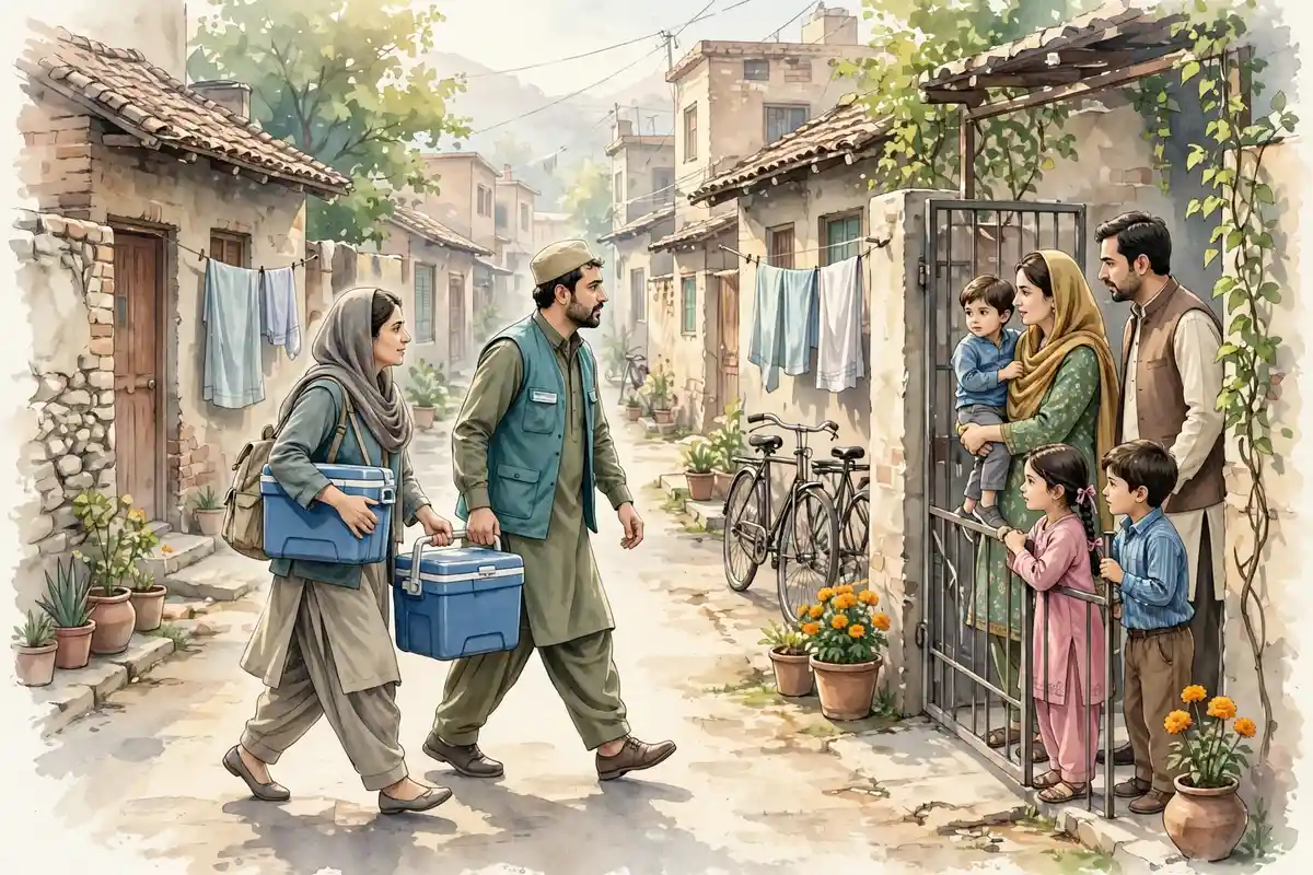 ویکسین کیریئر اٹھائے پولیو کارکن گلی میں گھر کی طرف جاتے ہوئے