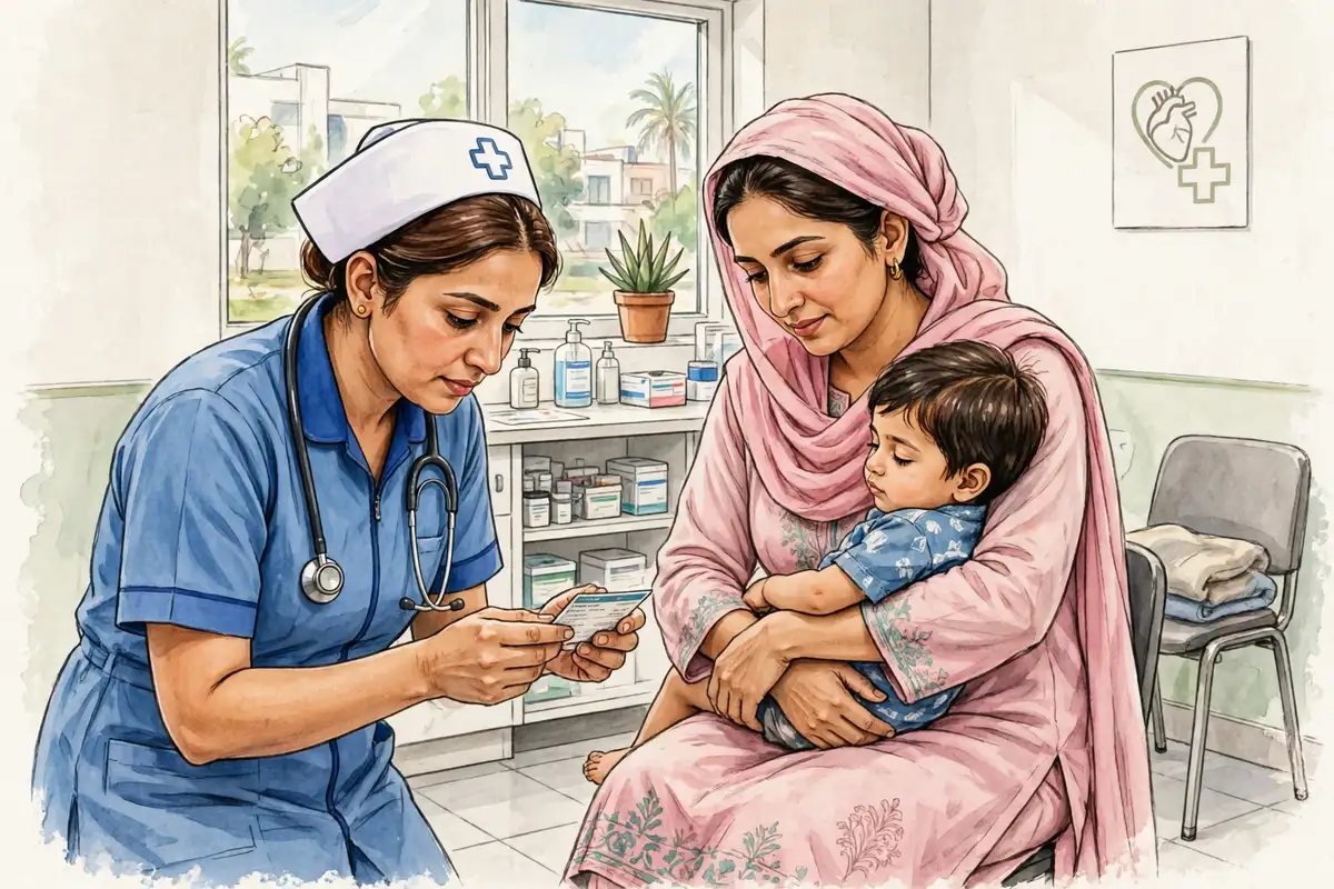 صحت مرکز میں بچے کا ویکسینیشن کارڈ دیکھتی ہوئی نرس اور بچے کو گود میں لیے ماں