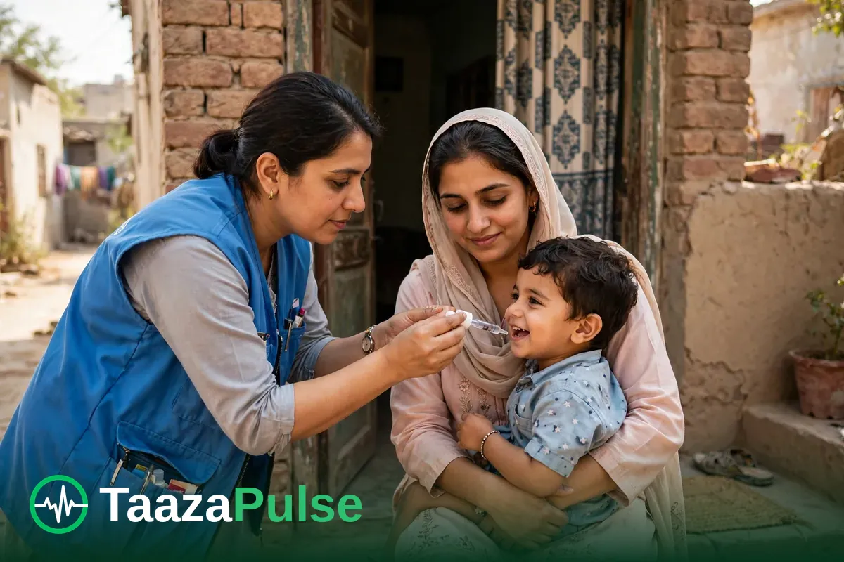 گھر کے دروازے پر ماں کی گود میں بچے کو پولیو کے قطرے پلاتی ہوئی صحت کارکن