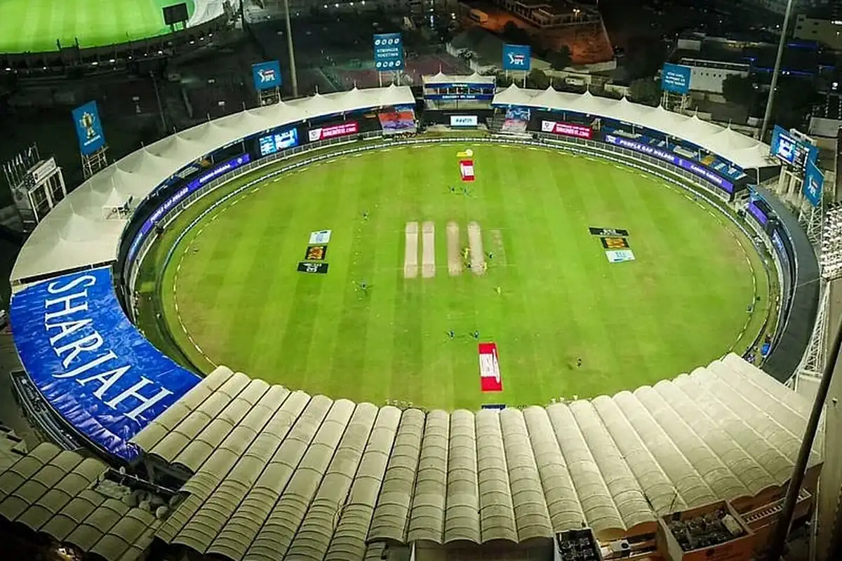 Sharjah Cricket Stadium floodlit at night