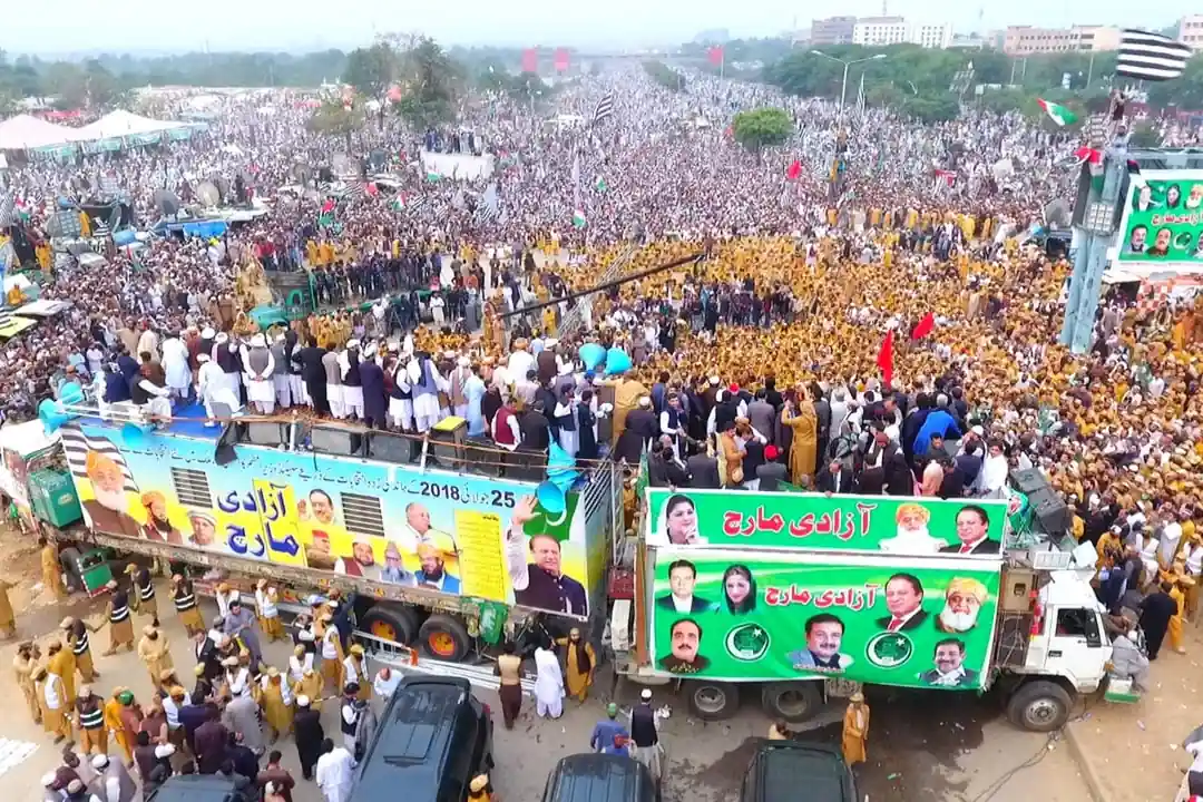 A vast crowd and march trucks at the 2019 Azadi March in Islamabad