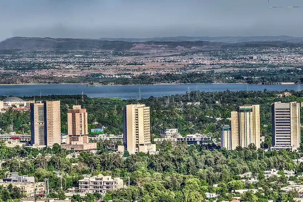 Islamabad skyline with Rawal Lake and the Margalla Hills