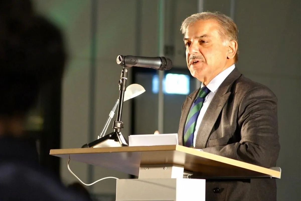 Prime Minister Shehbaz Sharif speaking at a podium