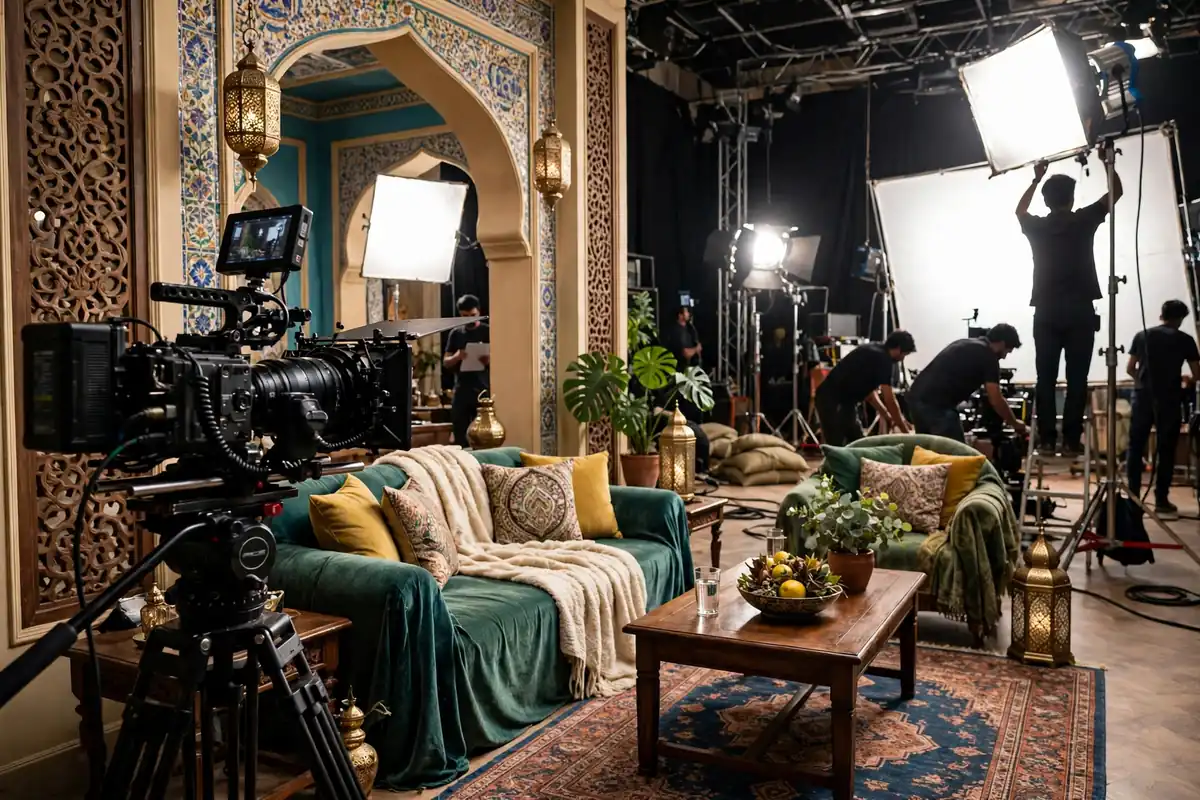 Television drama being filmed on a studio set in Lahore