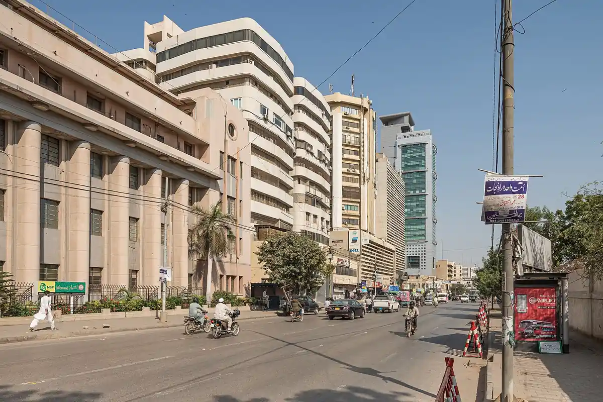 I.I. Chundrigar Road in Karachi, the city's financial district, with office towers and traffic