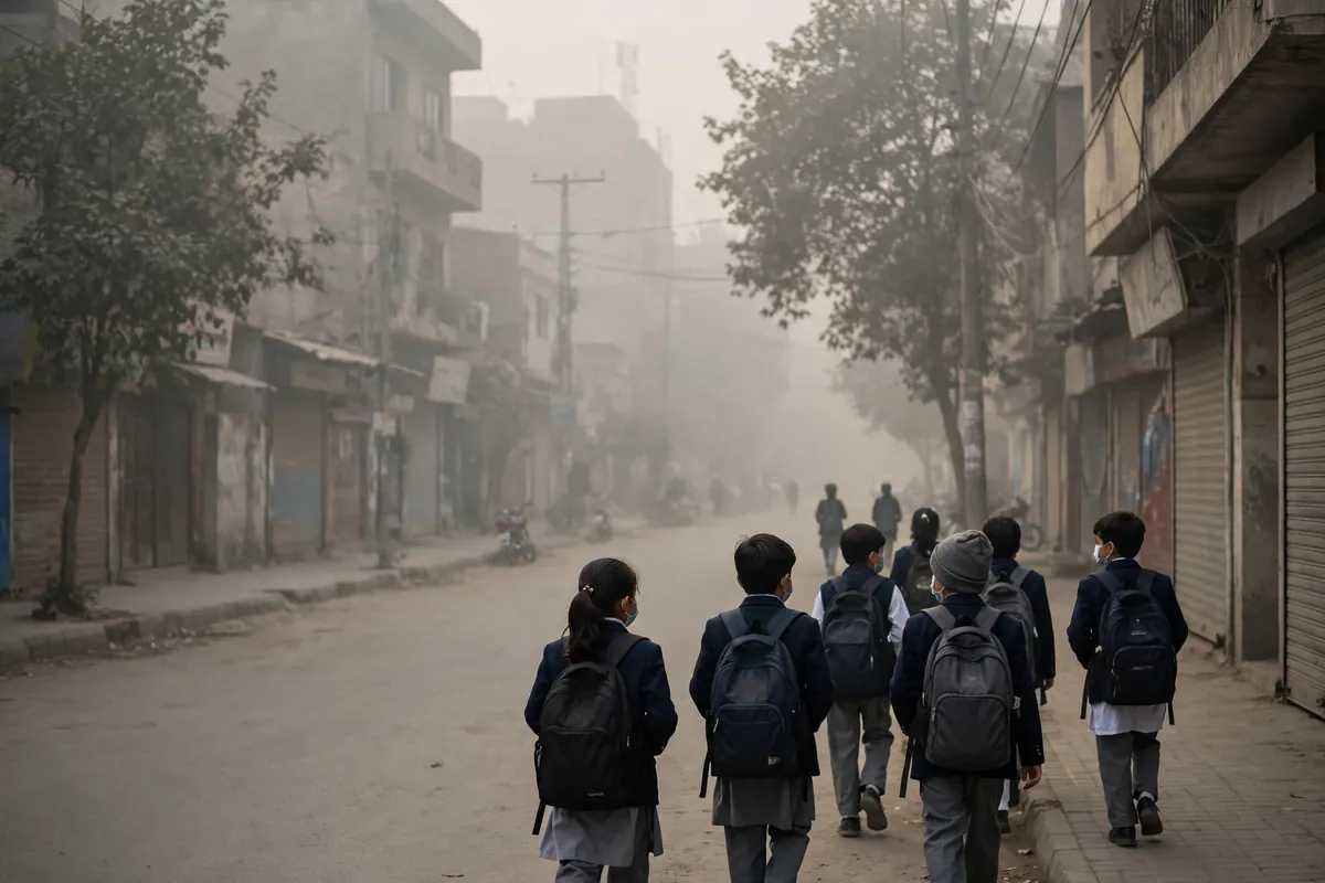 Schoolchildren in uniforms wearing masks walking through smog in Lahore