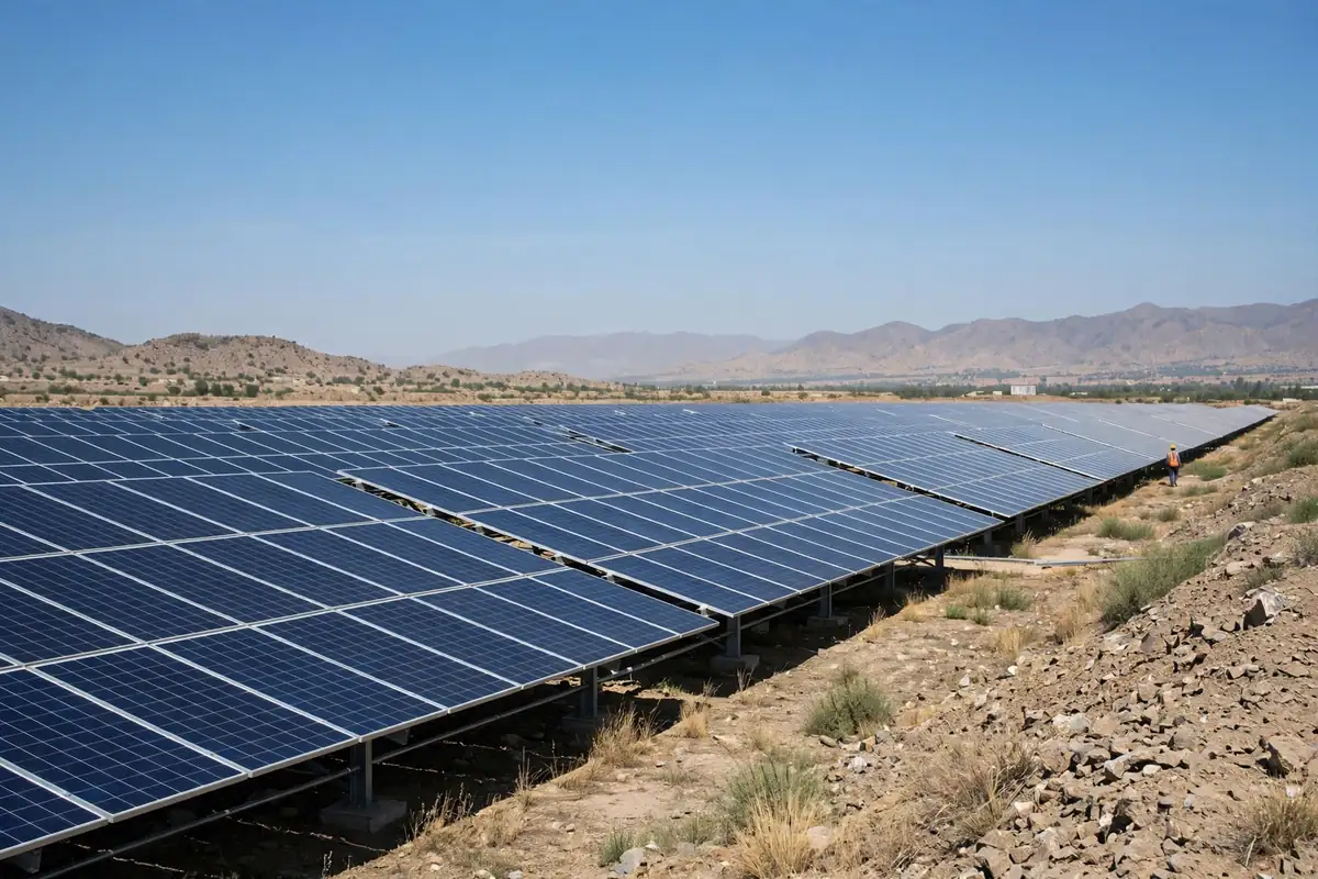 Rows of solar panels at a plant in Pakistan under a clear sky
