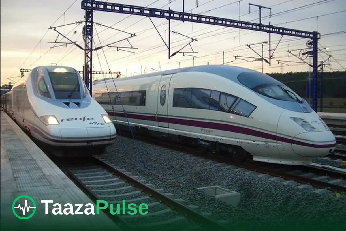 Two Renfe AVE high-speed trains at a station in Spain