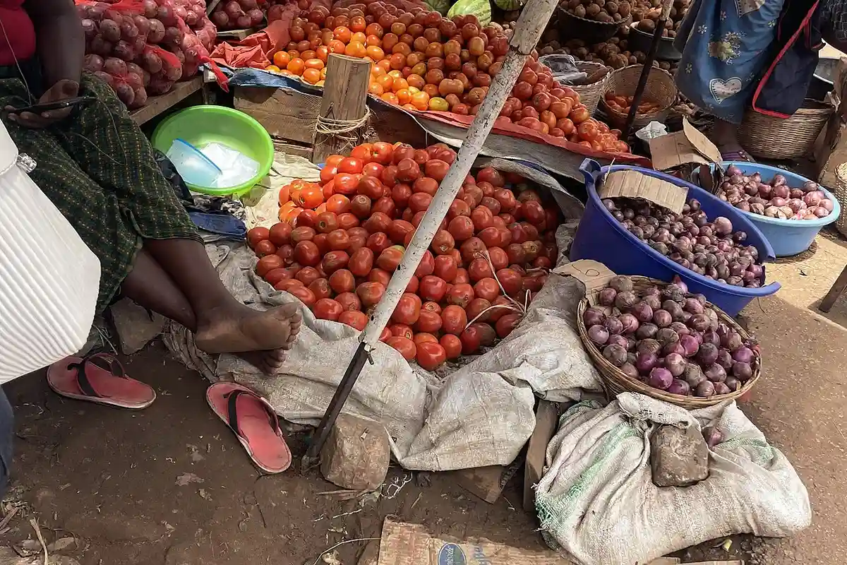 Onions and tomatoes piled at an open-air market stall