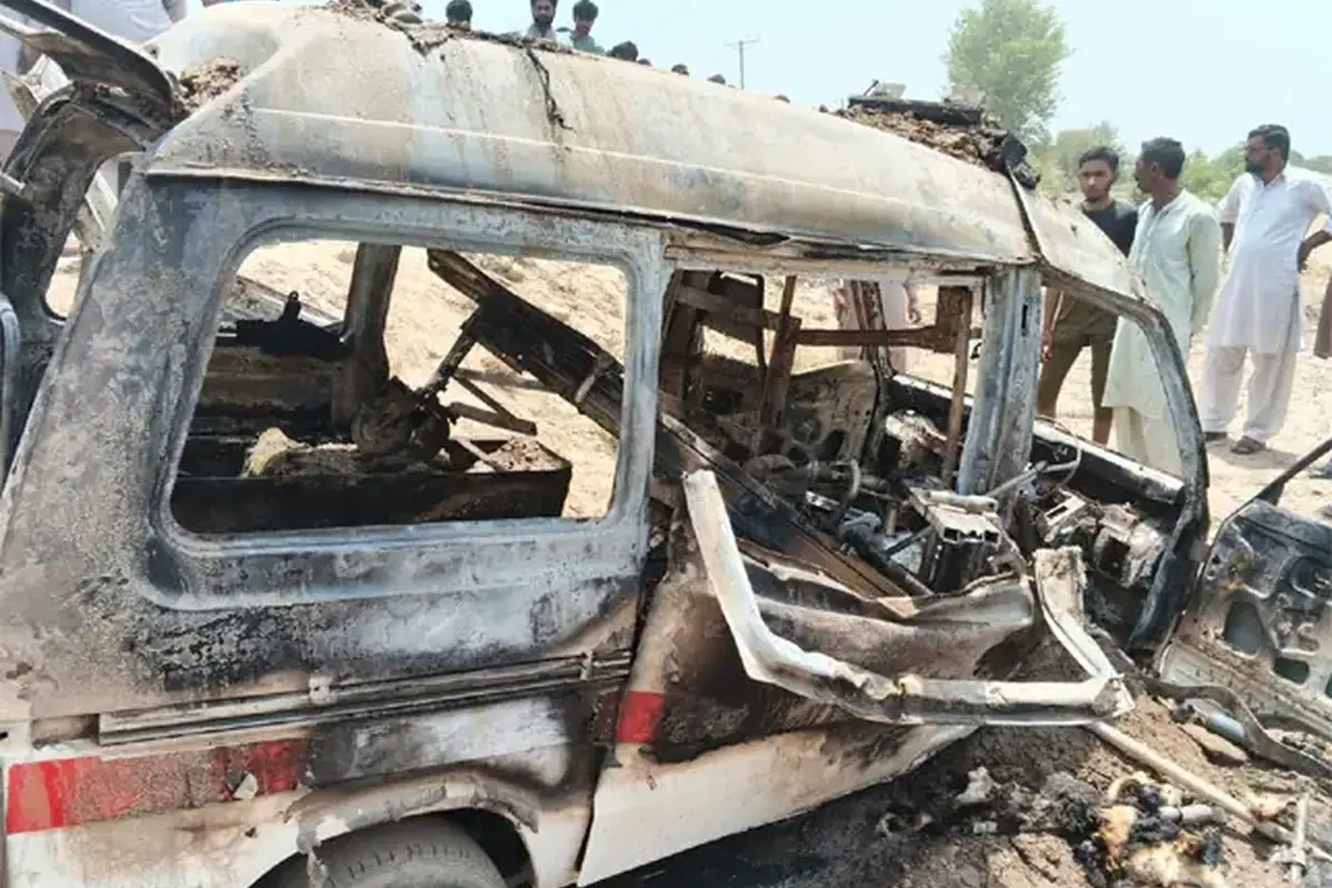 The burnt-out ambulance at the basic health unit in Nagarparkar, Tharparkar, after the oxygen cylinder explosion