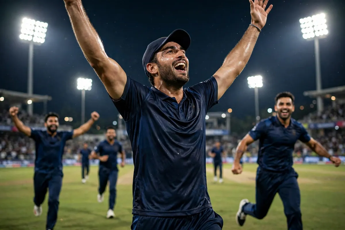 Left-arm fast bowler celebrating a wicket with arms raised in a stadium