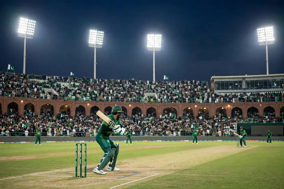 Cricket stadium in Lahore under floodlights during a night match
