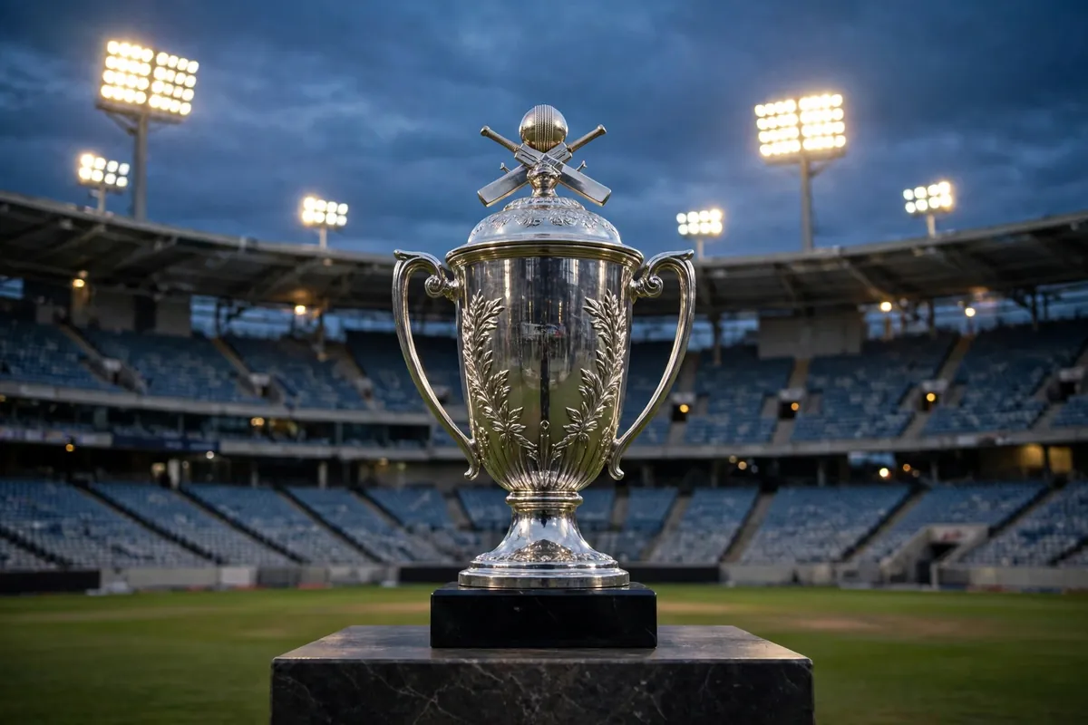 Silver cricket trophy on a pedestal in a stadium at dusk
