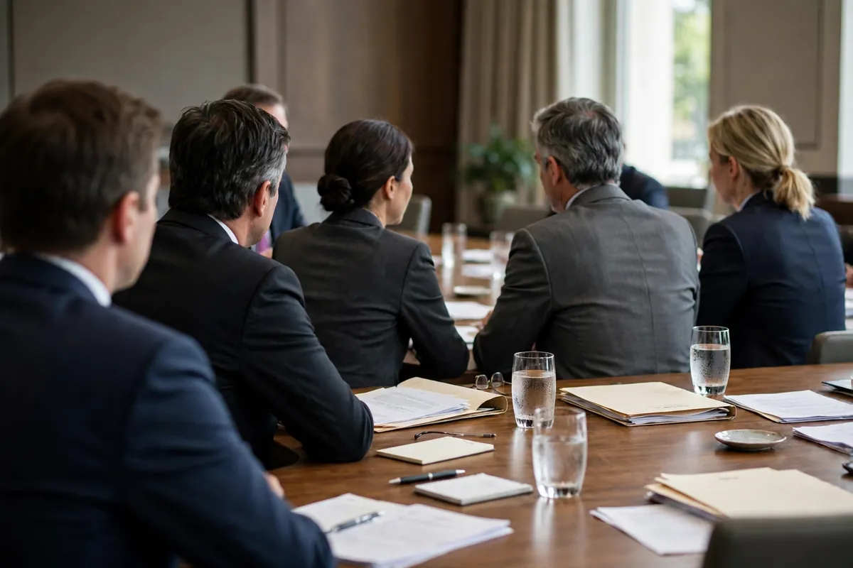 Diplomats seated around a conference table in discussion