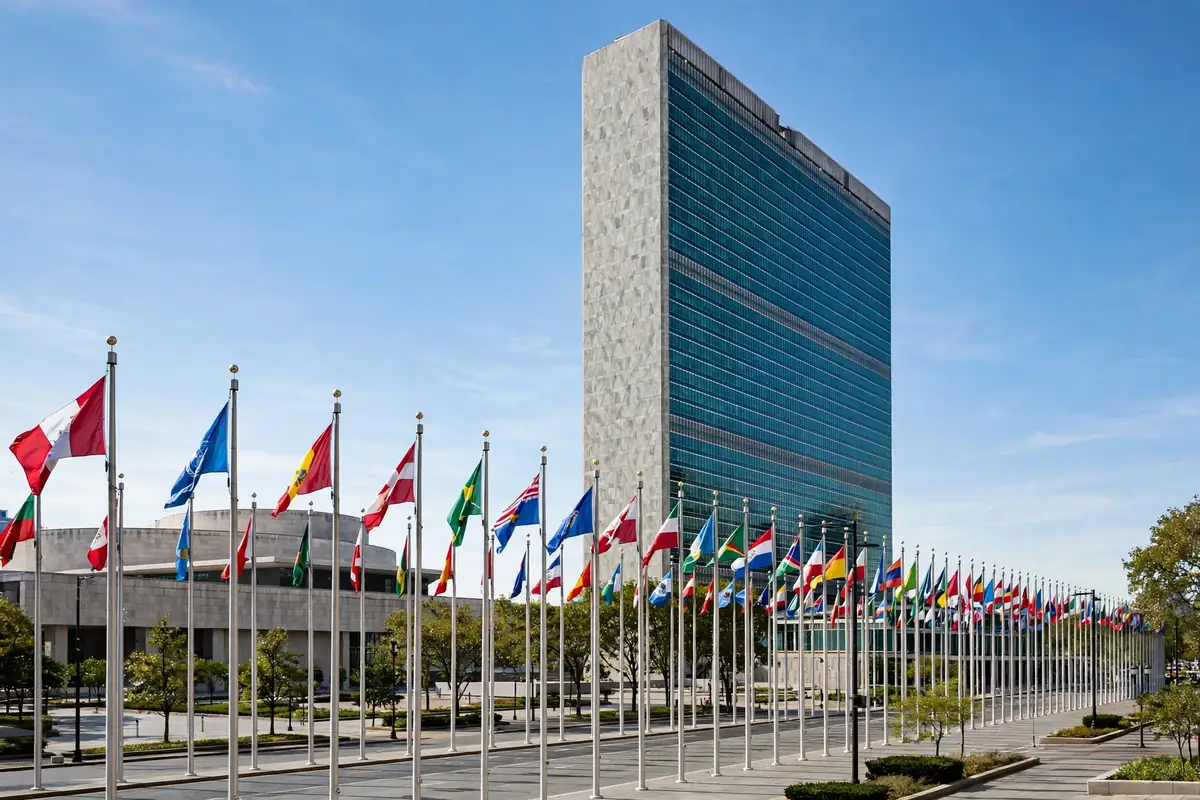 Rows of national flags outside the United Nations headquarters in New York