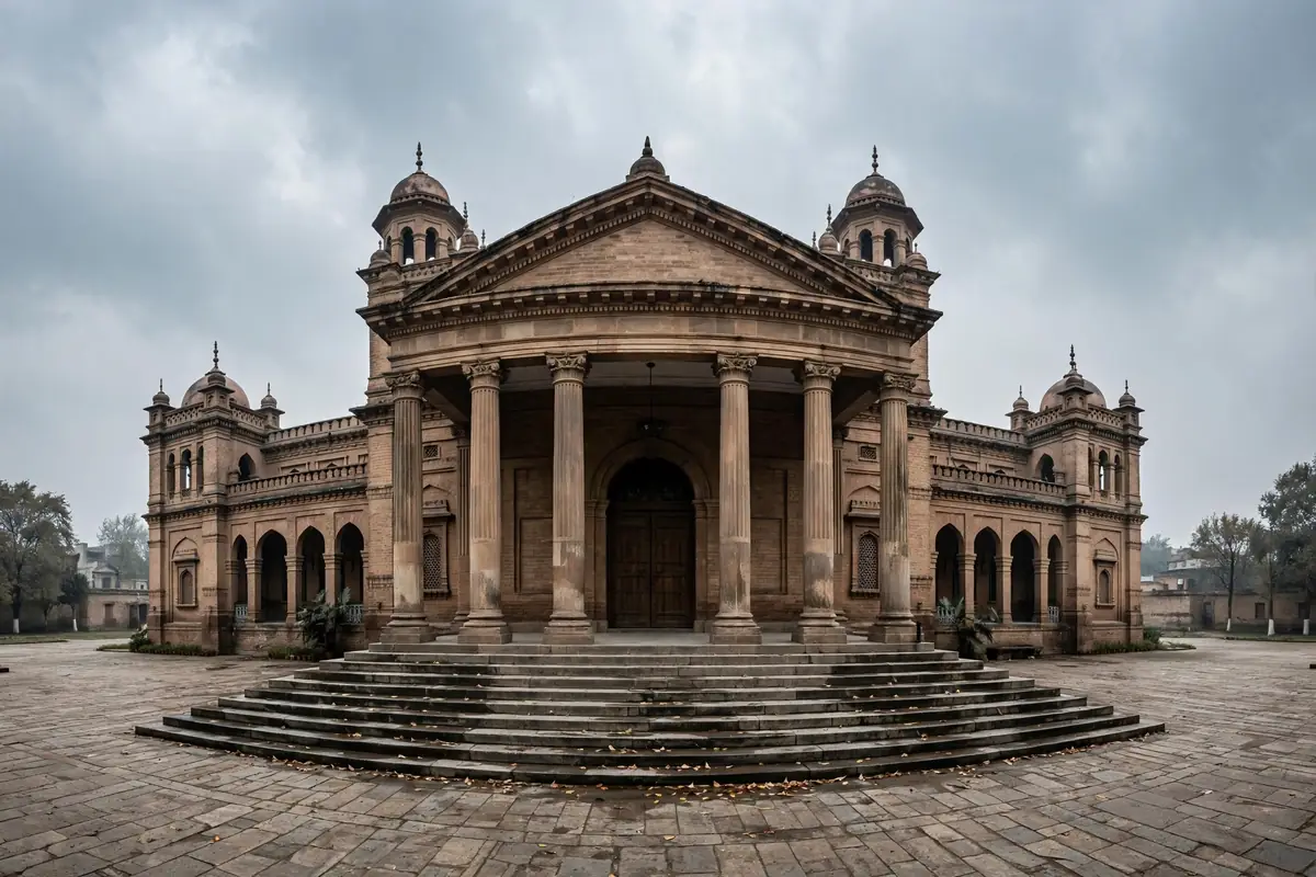 Historic courthouse building with tall columns in Peshawar under an overcast sky
