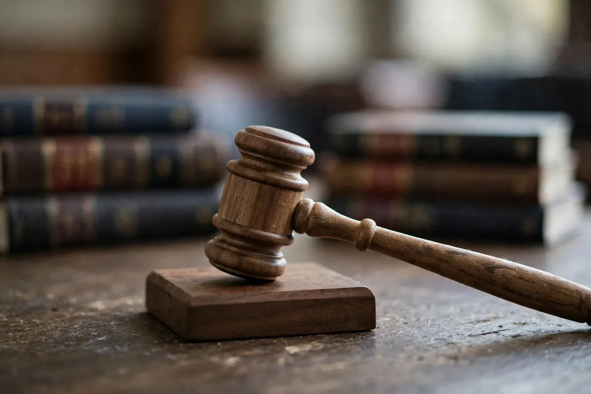 Wooden judge's gavel resting on a sound block in a courtroom