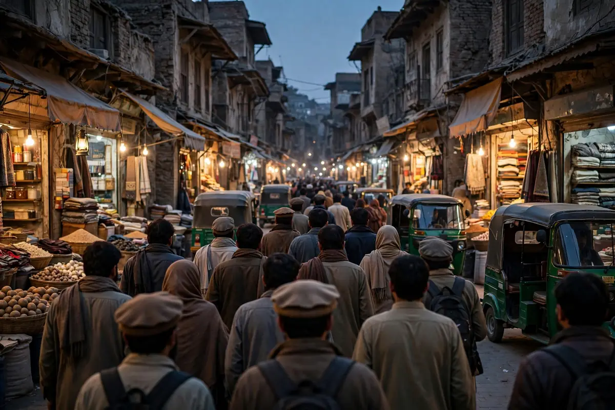 Busy old-city street in Peshawar at dusk with rickshaws and shoppers