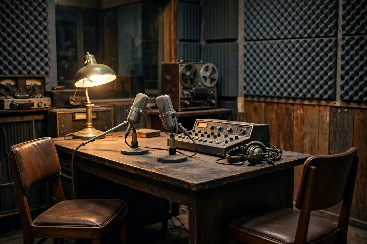 Empty radio broadcasting studio with vintage microphones and recording equipment